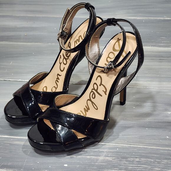 Sam Edelman Eliza Patent Leather Sandals Stiletto Heels Strappy Buckle Size 6 - Picture 1 of 12